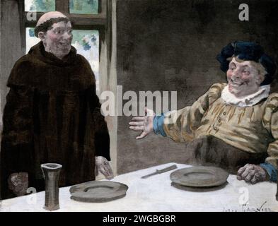 Vintage-Gravur einer Szene aus Francois Rabelais Gargantua und Pantagruel von Jules Garnier. Kapitel 1.XXXIX. Wie der Mönch von Gargantua gegessen wurde, und von der fröhlichen Rede, die sie beim Abendessen hatten. Stockfoto