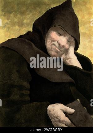 Vintage-Gravur einer Szene aus Francois Rabelais Gargantua und Pantagruel von Jules Garnier. Kapitel 1.XL. – Warum Mönche die Ausgestoßenen der Welt sind, und deshalb haben einige größere Nasen als andere. Stockfoto