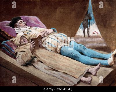 Vintage-Gravur einer Szene aus Francois Rabelais Gargantua und Pantagruel von Jules Garnier. Kapitel 1.XLI. – Wie der Mönch Gargantua zum Schlafen brachte, und seine Stunden und Breviere. Stockfoto