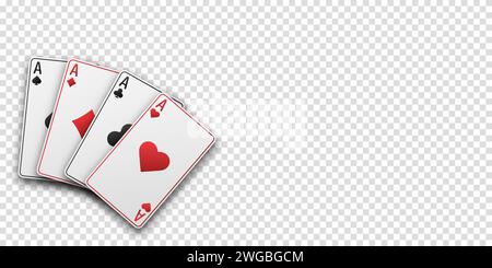 Fans von Karten mit Handspielen. Vier Asse mit dem Anzug aus Herzen, Schlägern, Diamanten und Pik. Vetor-Abbildung. Poker- oder Casino-Konzept. Transparentes bac Stock Vektor