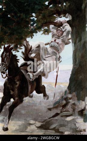 Vintage-Gravur einer Szene aus Francois Rabelais Gargantua und Pantagruel von Jules Garnier. Kapitel 1.XLII. – Wie der Mönch seine Mitkämpfer ermutigte und wie er an einem Baum hängte. Stockfoto