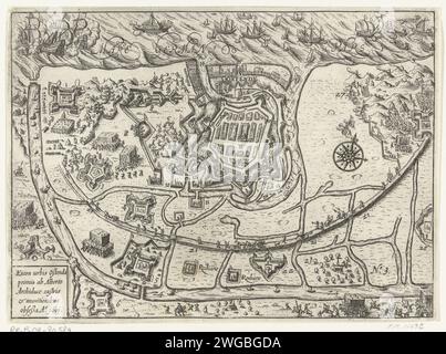 Belagerung von Ostend, 1601-1604, 1611-1613, Belagerung von Ostend. Plan der Stadt mit dem umliegenden Land mit allen Verteidigungs- und Armeelagern der Belagerer. Belagerung Ostends durch die spanische Armee unter Albertus und später unter Spinola von 1601 bis 1604. Nummeriert: 3. Einzelheiten in der Performance Nummer 1-28. Niederländer Papier ätzend Sieg, Position war Oostende Stockfoto