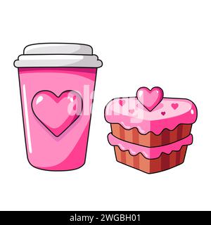 Niedliche Vektor-Ikone mit rosa Kuchen und Kaffee für Valentinstag. Flache Design-Elemente-Kollektion. Minimale Zeichentrickdarstellung für Design-Webbanner und gr Stock Vektor