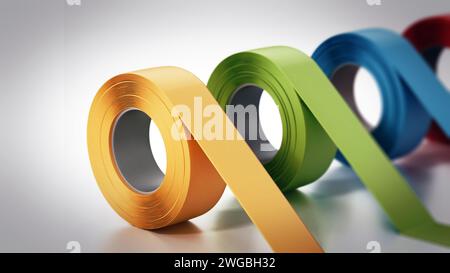 Farbige Klebebänder isoliert auf weißem Hintergrund. 3D-Illustration. Stockfoto
