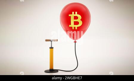 Manuelle Handpumpe, die mit dem aufgeblasenen roten Ballon mit Bitcoin-Symbol verbunden ist. 3D-Illustration. Stockfoto