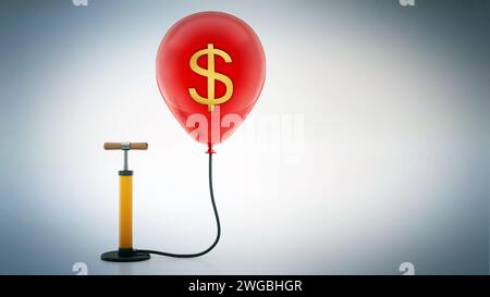 Manuelle Handpumpe, die mit dem aufgeblasenen roten Ballon mit Dollar-Symbol verbunden ist. 3D-Illustration. Stockfoto