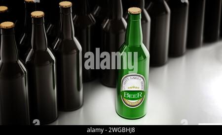 Die grüne Bierflasche sticht unter den schwarzen Bierflaschen hervor. 3D-Illustration. Stockfoto