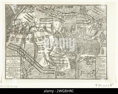 Schlacht von Malplaquet, 1709, 1714 – 1716 Drucken Karte der Schlacht von Malplaquet, wo die Franzosen von den Alliierten besiegt wurden, 11. September 1709. Illustration in der niederländischen Übersetzung von 1716 von J. Lamigue, das Leben seines Hoogheit Johan Willem Friso, dl. II, S. 142/143. Druckerei: Nord-Niederlande: Amsterdam Papier ätzt Karten von verschiedenen Ländern oder Regionen. Schlacht (+ Landstreitkräfte) Malplaquet Stockfoto