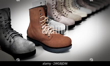 Unter den alten gebrauchten Stiefeln sticht der neue Wildlederstiefel hervor. 3D Abbildung. Stockfoto