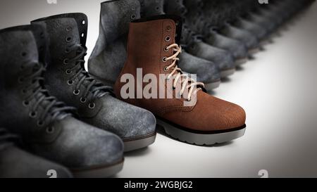 Unter den alten gebrauchten Stiefeln sticht der neue Wildlederstiefel hervor. 3D Abbildung. Stockfoto