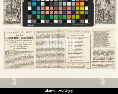 Abreise der Königin Henrietta Maria von Scheveningen nach England, 1643, 1643 Druck Textblatt zum Druck mit der Abreise der englischen Königin Henrietta Maria von Scheveningen nach England, 29. Januar 1643. Text in 4 Spalten mit zwei lateinischen Versen und der Legende 1-18 auf Niederländisch. Der Haager Papier-Buchdruck Scheveningen Stockfoto