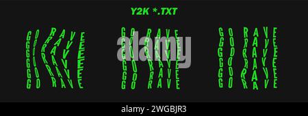 Sammlung psychedelische geschriebene Wörter - GO RAVE. Psychedelische Retro-futuristische Set-Wörter surreale geometrische Formen auf Wörtern, abstraktes Cyberpunk-Drahtmodell Stock Vektor