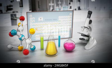 Chemistry Labor mit Mikroskop, Molekül-Modell und Glaslabor-Eqipment auf dem Tisch. Periodensystem im Hintergrund. 3D-Illustration. Stockfoto