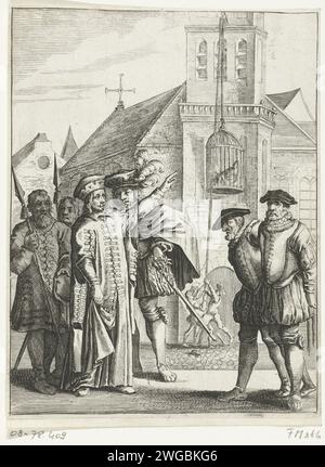 Jan Kruyze und Willem van Deutichem für Drehungen bestraft im Wassenaarskooi in Hattem, 1520, 1650 – 1699 Druck Jan Kruyze, Steward von Salland und Willem van Deutichem, Schout van Deventer werden als Strafe für Drehungen im Wassenaarskooi, dem Käfig von Jan van Wassenaar, in Hattem, 1520 inhaftiert. Szene ist im Freien, im Hintergrund wird der Käfig auf der Außenseite des Kirchturms Nordholland Papierätzung / Gravur öffentliche Bestrafung (Tod nicht beabsichtigt oder beteiligt) Hattem Stockfoto