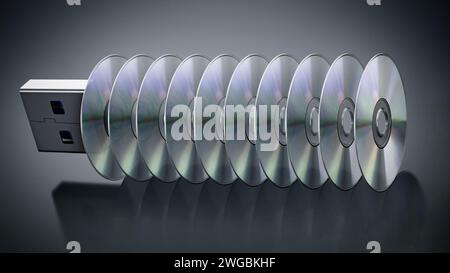 USB-Stick mit gestapelten Discs isoliert auf schwarzem Hintergrund. 3D-Illustration. Stockfoto