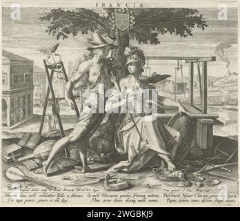 Frankreich mit Pallas und Hermes, Raphaël Sadeler (I), nach Hans von Aachen, 1588–1595 drucken eine Allegorie in Frankreich. In der Mitte unter einem Baum die Götter Minerva (Haushaltsfertigkeiten) und Quecksilber (Handel). Minerva hält einen Spinnenrock und einen Schild. Die französische Krone auf ihrem Schoß. Quecksilber hat seinen Caduceus und ein Schwert in der Hand. Ein Hahn neben ihm. Um sie herum sind Webutensilien, Waffen und Musikinstrumente. Hinter ihnen ein Webstuhl. Im Hintergrund rechts ein Bankett und eine Bühnenaufführung, links ein Schlachtfeld. Der Druck ist Teil einer vierteiligen Serie mit allegorischer Darstellung Stockfoto