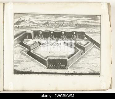 Beschuss einer Stadt, CA. 1702, 1702 - 1703 Drucke, die eine Stadt während einer Belagerung erschossen. Im Vordergrund eine Batterie. Rechts oben: S. 204 und rechts unten: 49. Platte Nr. 12 im Druckwerk bestehend aus insgesamt 276 nummerierten Schildern renommierter starker Städte und Festungen im Kontext des Spanischen Erbfolgekrieges. Die meisten Aufzeichnungen wurden in die anonymen französischen Aufzeichnungen kopiert: In Les Forces de l’Europe und in: Le Theater de la Guerre, Dans Les Pays-Bas, beide ursprünglich von Nicolas de Fer in Paris (1693–1697) im Rahmen des neunjährigen Krieges veröffentlicht. Titl Stockfoto