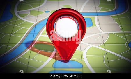 Stadtplan mit roter GPS-Markierung. 3D-Illustration. Stockfoto