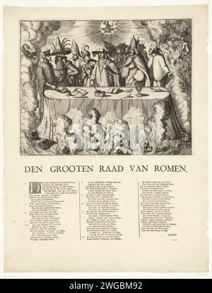 Der große Rat von Rom, 1689 gedruckte Cartoon über die gescheiterten Pläne der Kirche von Rom zur Ausrottung des Protestantismus. Cartoon über den Fall der katholischen Kirche in England mit der Flucht von Jacobus, 1688-1689. Hinter einem Tisch in der Hölle befinden sich die Vertreter der katholischen Kirche und die katholischen Fürsten Jacobus II. Und Ludwig XIV Des Weiteren der Papst, der Kardinalbischof, Pater Peters und andere. Unter der Abbildung ist ein Vers in 3 Spalten mit einer Aussage der Zahlen von 1-12 in Niederländisch gezeigt. Nordholländische Papierätzung / Buchdruck die römisch-katholische Kirche vs. Protestantismus; (Reformation A Stockfoto