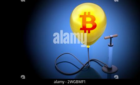 Manuelle Handpumpe, die mit dem aufgeblasenen gelben Ballon mit Bitcoin-Symbol verbunden ist. 3D-Illustration. Stockfoto