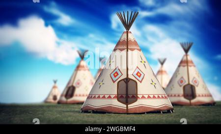 Indische Zelte auf Grasfeld vor blauem Himmel. 3D-Illustration. Stockfoto