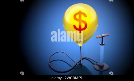 Manuelle Handpumpe, die mit dem aufgeblasenen gelben Ballon mit Dollar-Symbol verbunden ist. 3D-Illustration. Stockfoto