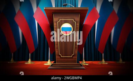 Gruppe von russischen Flaggen, die neben dem Rednerpult im Konferenzsaal stehen. 3D Abbildung. Stockfoto