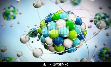 Abstraktes Molekülmodell bestehend aus farbigen Kugeln. 3D-Illustration. Stockfoto