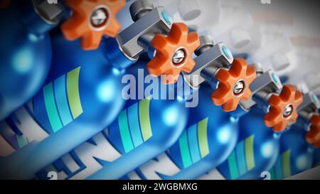 Gruppe von blauen Lachgas-Oxidtanks. 3D Abbildung. Stockfoto