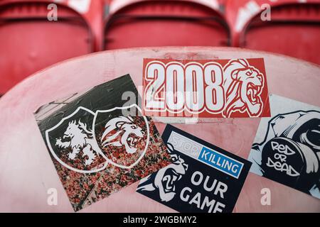 Middlesbrough, Großbritannien. Februar 2024. Boro-Aufkleber auf einem Fansitz während des Sky Bet Championship Matches Middlesbrough gegen Sunderland im Riverside Stadium, Middlesbrough, Großbritannien, 4. Februar 2024 (Foto: Mark Cosgrove/News Images) in Middlesbrough, Großbritannien am 4. Februar 2024. (Foto: Mark Cosgrove/News Images/SIPA USA) Credit: SIPA USA/Alamy Live News Stockfoto