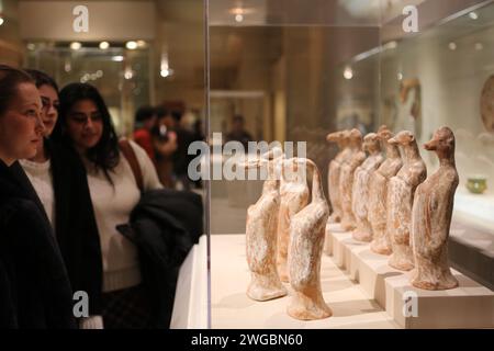 New York, USA. Februar 2024. Während einer Mondneujahrsfeier im Metropolitan Museum of Art in New York, USA, am 3. Februar 2024 sehen Besucher Figuren von zwölf Tierkreistieren aus der Tang-Dynastie (618–907). Quelle: Zhang Fengguo/Xinhua/Alamy Live News Stockfoto