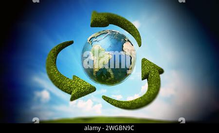 Drehen grüne Pfeile um die Erde Form Recycling-Symbol. 3D Abbildung. Stockfoto