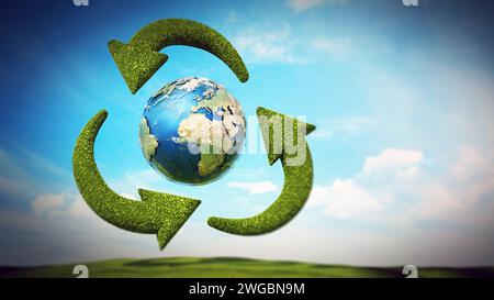 Drehen grüne Pfeile um die Erde Form Recycling-Symbol. 3D Abbildung. Stockfoto