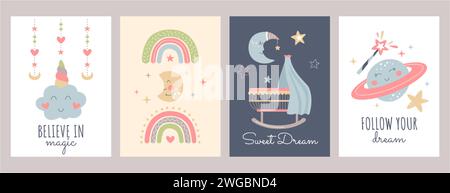 Set mit niedlichen Boho Baby Poster im skandinavischen Stil. Böhmische Kindertagskarten mit Regenbogen, Mond, Wolke, Sternen, magischem Planeten. Einrichtung mit Print für Kinderzimmer. Wandgemälde im Schlafzimmer mit handgezeichnetem Zitat. Stock Vektor