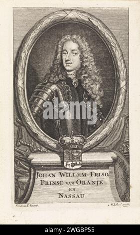 Porträt von Johan Willem Friso, Prinz von Oranje-Nassau, Matthijs Pool, nach Lancelot Volders, 1716 Druck Amsterdam Papierstich / Ätzrüstung. Waffenlager, Heraldik Stockfoto