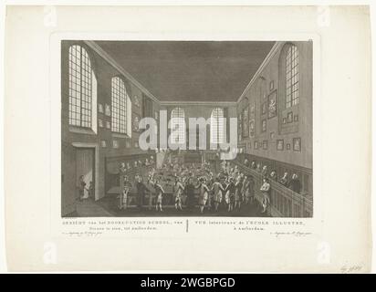 Innenraum des Athenaeum Illustre in Amsterdam, ca. 1770 - 1783 Druck Innenraum des Athenaeum Illustre, Vorläufer der Universität Amsterdam, auf dem Oudezijds Voorburgwal in Amsterdam. Diese Bildungseinrichtung wurde 1631 gegründet und befindet sich in der Agnietenkapelle. Ein College wird den Studenten im Zimmer gegeben. Unter der Show der Titel in Niederländisch und Französisch. Rechts oben nummeriert: 28*. Amsterdam Papierätzung / Gravur Universitätsgebäude, Hochschule. Vortrag  Universität Athenaeum Illustre. Agnietenkapelle. Oudezijds Voorburgwal Stockfoto