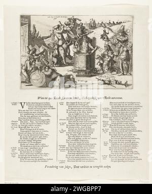 Cartoon über Lodewijk XIV. In einem Hochstuhl, 1689, 1689 Print Cartoon über den französischen König Ludwig XIV., 1689. Der König in einem Kinderstuhl mit Puppen des Papstes und des Kaisers und umgeben von allerlei Verrückten und Narren. Links von ihm ein Bär mit einem Anzug auf dem Rücken. Prinzen der linken Front, die um einen Globus trauern, werden von einem Türken entdeckt. Rechts der Dauphin auf einem Hobbypferd. Im Hintergrund flüchtet König Jakobus II. Nach Wilhelm III. Auf dem Hollandse Leeuw, links der Molenaarskind. Mit einem Spover in 3 Spalten, in denen die Leistung erläutert wird. Nordniederländische Papieretchi Stockfoto