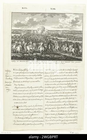 Schlacht bei Malplaquet, 1709, 1709 – 1755 die Schlacht bei Malplaquet zwischen den Alliierten unter dem Herzog von Marlborough und Prinz Eugenius von Savoye und den Franzosen, 11. September 1709. Der Druck klebte auf einem doppelt gefalteten Blatt mit einer Handschrift auf zwei Seiten mit einer Beschreibung des Verlaufs der Schlacht. Die Seiten sind oben mit Stift: Gussform gekennzeichnet. Nordholland Papierätzung / Gravur / Schreiben (Prozesse) Kampf (+ Landstreitkräfte) Malplaquet Stockfoto