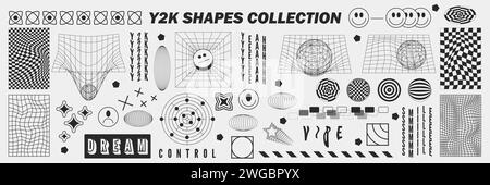 Abstrakte Geometrie hud Drahtmodellformen und -Muster, Cyberpunk-Elemente, Symbole und perspektivische Gitter sowie surreale geometrische Zeichen. Rave Psychedelic Stock Vektor