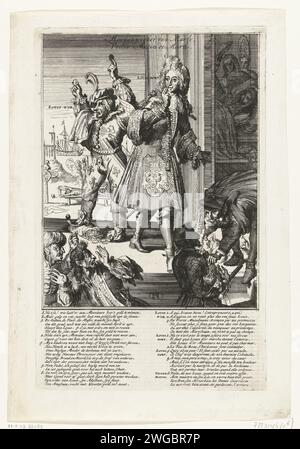 Cartoon on the bestochenen Margraf van Baden-Baden, 1707, 1707 Print Cartoon on the Lodewijk Willem I, Markgraaf van Baden-Baden, der von den Franzosen mitgebracht wird. Die Markgraaf und Louis d'Or stehen vor der Tür eines Raumes, in dem König Ludwig XIV. Schläft. Im Hintergrund Folter von Protestanten. Verse in Niederländisch und Französisch im Protokoll. Cartoon zur Situation im Jahr 1707 im Spanischen Erbfolgekrieg. Teil einer Serie von 7 Cartoons über die Franzosen und Verbündeten aus dem Jahr 1707. Druckerei: Nord-Niederlande: Amsterdamer Papier, das politische Karikaturen und Satiren ätzt Stockfoto