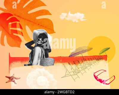 Sommerurlaub am Strand, Vintage-Collage-Poster mit wunderschönem Porträt junger Frauen Stockfoto