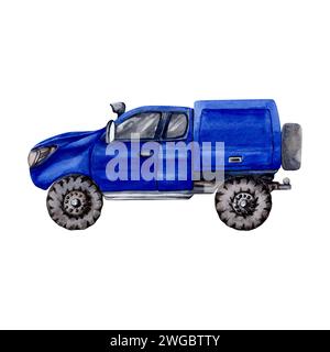 Blaues Auto mit Seitenansicht und Schutzdach. Aquarellillustration für Abenteuer, Tourismus, Touren, Outdoor, Geländewagen, Autoreparatur, Campingdesign Stockfoto