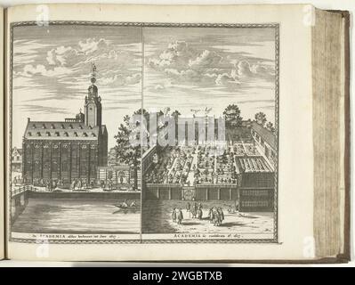 Blick auf das Academy Building in Leiden, 1726, 1726 Druck Blatt mit Gesichtern auf dem Academy Building und dem Kruidentuin (Hortus Botanicus) der Universität Leiden. Platte Nr. 305 in Teil XIII des Druckwerks Les Forces de l’Europe, Asie, Afrique et Amerique ... Comme aussi Les Cartes des Côtes de France et d’Espagne aus dem Jahr 1726, dieser zweite Teil mit 271 handnummerierten Schildern bekannter starker Städte und Festungen im Kontext des Spanischen Erbfolgekrieges 1701–1713. Zum größten Teil wurden diese Aufzeichnungen in die anonymen französischen Aufzeichnungen bekannter starker Städte und Kräfte kopiert Stockfoto