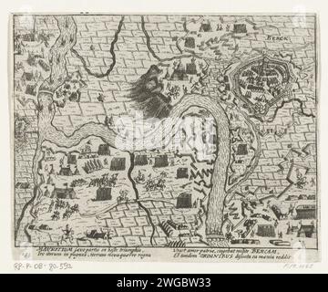 Belagerung und Einverleibung Rheinbergs durch Maurits, 1601, 1613 – 1615 Druck Belagerung vom 12. Juni und Eroberung der Stadt Rheinberg durch die Landesarmee unter Prinz Maurits am 31. Juli 1601. Plan der Stadt und des umliegenden Landes mit den Armeelagern der Belagerer. Mit 4 Zeilen in lateinischer Sprache. Nummeriert 253. Auf der Rückseite mit lateinischem Text. Nord-Niederlande Papierätzung Belagerung, Position Krieg. Eroberung der Stadt (nach der Belagerung) Rheinberg Stockfoto