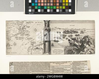 Die Kampfbefehle der Flotten vor der Seeschlacht bei Duins, 1639, 1640 - 1645 Print Blatt mit zwei Aufführungen der Kampfbefehle des Staates und der spanischen Flotte im September vor der Seeschlacht bei Duins zwischen der spanischen Flotte unter dem Kommando von Antonio de Oquendo und der Staatsflotte unter Maarten Harpertsz. Tromp, 21. Oktober 1639. Links eine Karte der englischen Küste, des Kanals und eines Teils der französischen Küste mit den Bewegungen und der Lage der niederländischen und spanischen Flotte. Rechts ein Gesicht auf den Flotten vor der Küste, im Vordergrund ein triton mit Fou Stockfoto