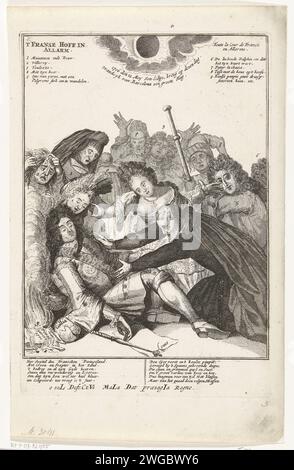 Ludwig XIV. Fiel ohnmächtig nach den Nachrichten über den Verlust von Barcelona, 1706, 1706 Druck Ludwig XIV. Wurde ohnmächtig nach den Nachrichten über den Verlust von Barcelona. Madame de Maintenon und Père La Chaise versuchen, ihn zu wecken. An der Spitze der Sonnenfinsternis am 12. Mai 1706 während des Verlustes von Barcelona. Mit Versen auf Niederländisch. Teil einer Serie von 19 Karikaturen über die Franzosen und Verbündeten aus dem Jahr 1706. Druckerei: Nord-Niederlande: Amsterdamer Papier, das politische Karikaturen und Satiren ätzt. Sonnenfinsternis Stockfoto