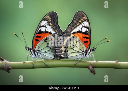 Nahaufnahme von zwei Schmetterlingen auf einer Zweigpaarung in Indonesien Stockfoto