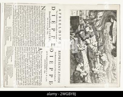Bombardierung Van Dieppe durch die Alliierten, 1694, 1694 Bombardierung der französischen Hafenstadt Dieppe durch die kombinierte englische und niederländische Flotte, 22-23. Juli 1694. Die Stadt brennt. Auf dem Blatt unter der in 2 Spalten gedruckten Platte sind die Beschreibungen der Ereignisse und die Legenden A-K in Niederländisch und Französisch. Amsterdam Papierätzung / Gravur / Buchdruck Bombardment Dieppe Stockfoto