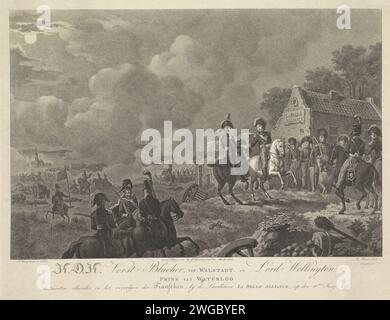 Treffen zwischen Wellington und Blücher nach der Schlacht von Waterloo, 1815, Dirk Sluyter, nach Jan Kamphuijsen, 1815 Drucktreffen zwischen dem Oberbefehlshaber des Herzogs von Wellington und dem Prinzen Blücher, am Abend nach der Schlacht von Waterloo am 18. Juni 1815, vor dem Bauernhof La Belle Alliance. Druckerei: Netherlandspublisher: Amsterdamer Papier ätzt victor (nach der Schlacht) die schöne Allianz Stockfoto