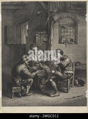 Drei Bauern sitzen um eine Bank, Jonas Suyderhoef, nach Adriaen van Ostade, 1647–1652 drucken Innenraum mit drei Bauern, die um eine Bank sitzen. Der Mann links spielt Geige, der Mann rechts hebt das Glas und der Mann in der Mitte hält eine Pfeife in der Hand. Haarlem Papier Gravur Violine, Geige. Glas, rummer. Das Innere des Hauses. Pfeife  Tabak Stockfoto